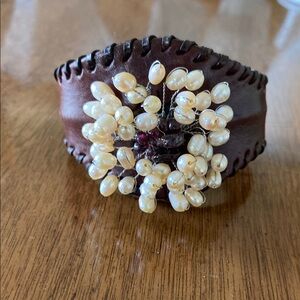 Boho Brown Leather Cuff Bracelet with Pearl Accents and Laced Edge